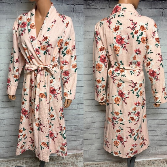Garnet Hill Other - Garnet Hill Robe XS Orange Floral Organic‎ Cotton Heritage Flannel Pockets Cozy
